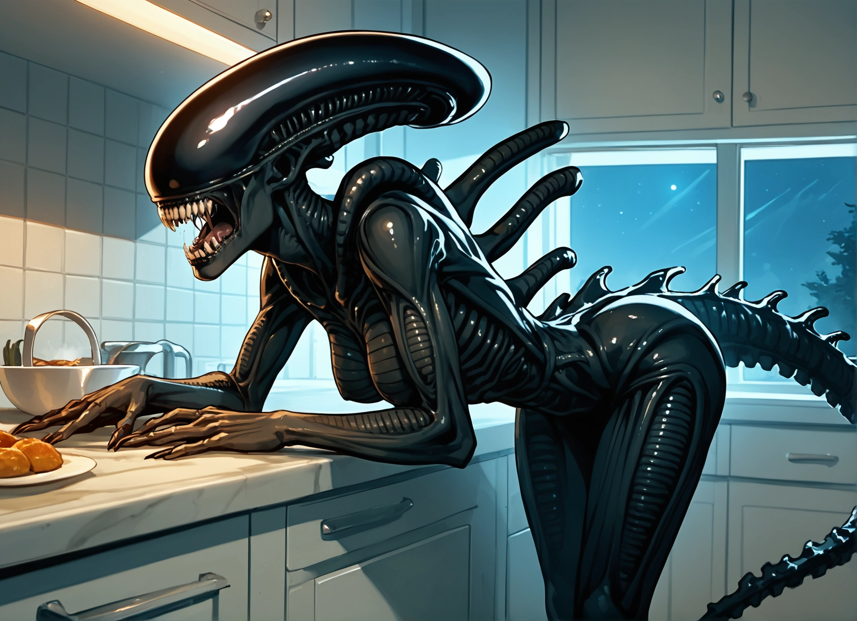 1girl, food, teeth, kitchen, window, sharp teeth