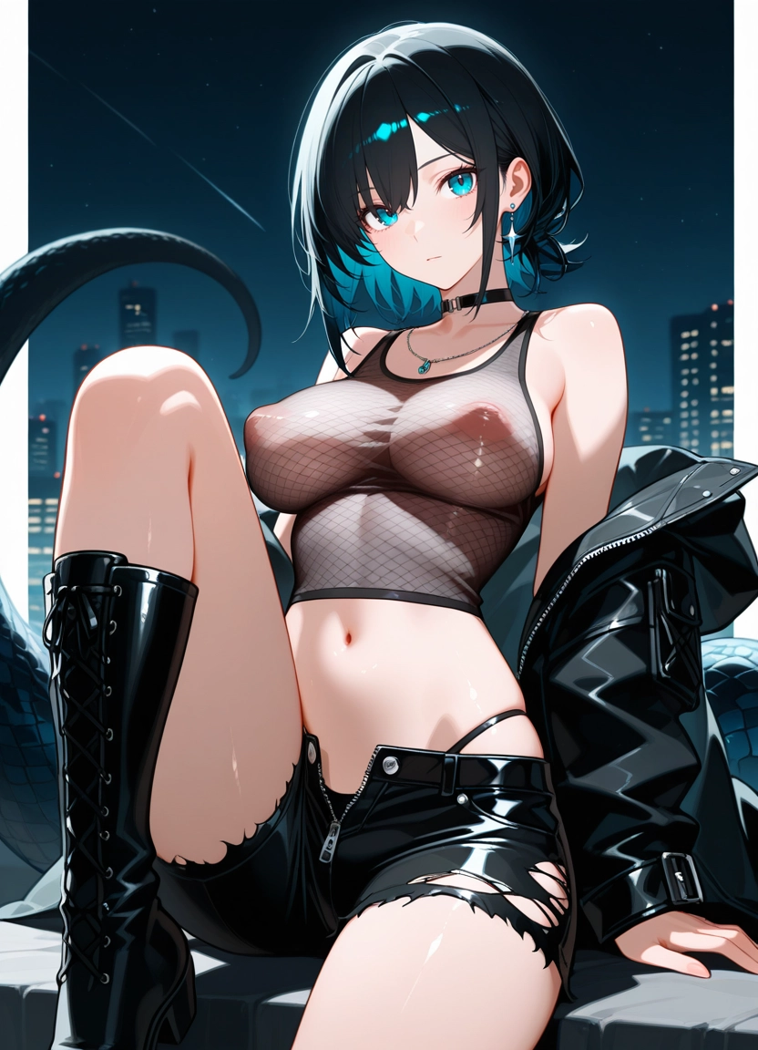 1girl, breasts, solo, jewelry, shorts, torn clothes · Yamete.gg