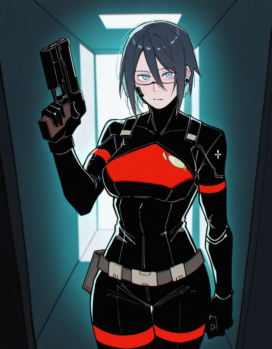 1girl, weapon, gun, glasses, blue eyes, solo · Yamete.gg