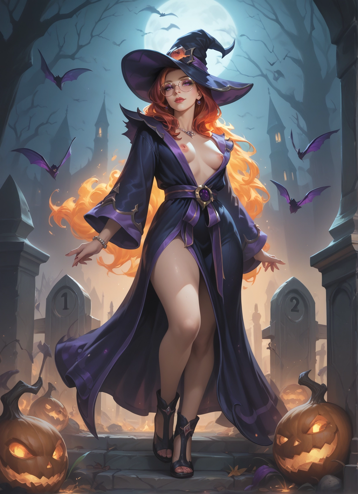 1girl, breasts, hat, witch hat, nipples, moon · Yamete.gg