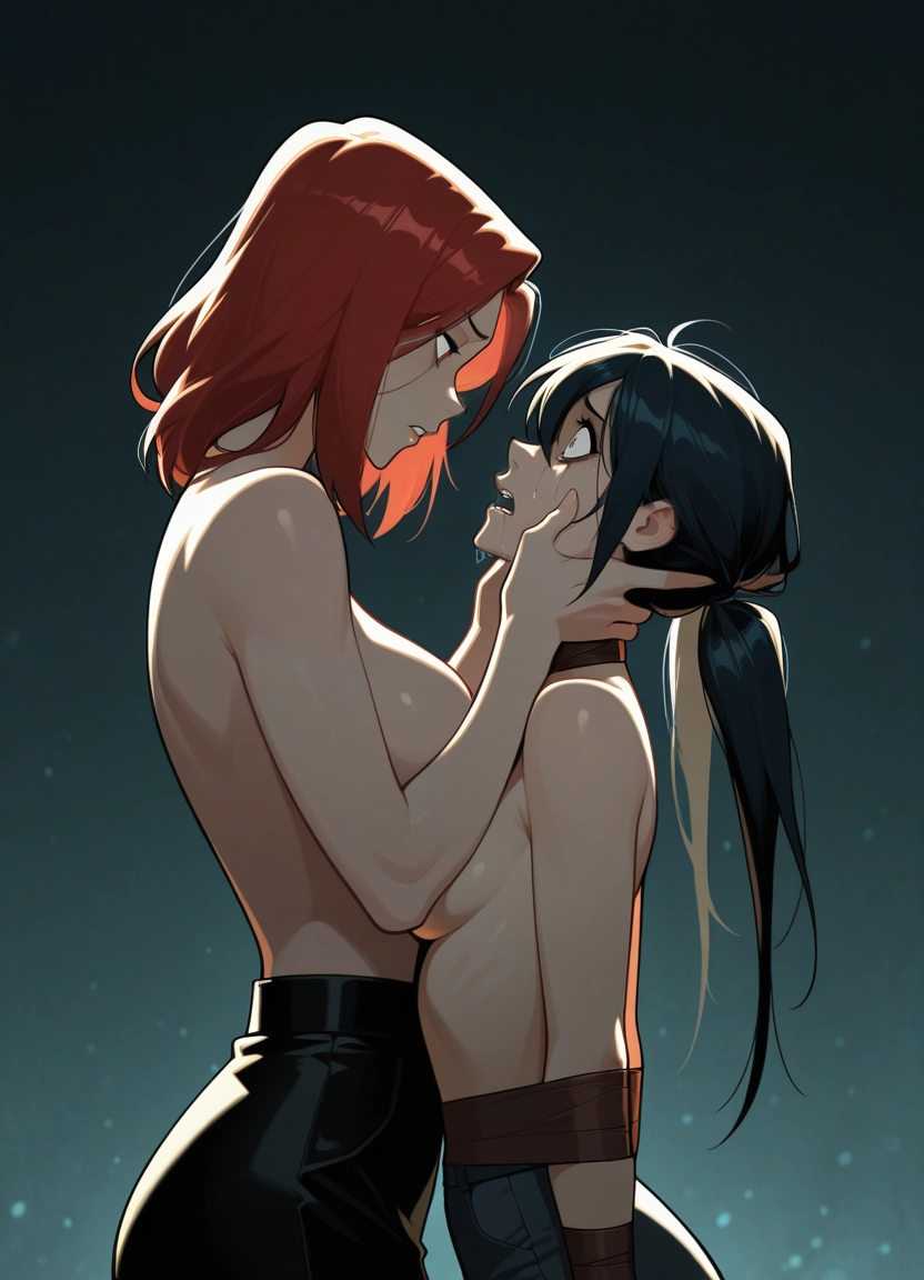 multiple girls, breasts, 2girls, topless, red hair, black hair · Yamete.gg