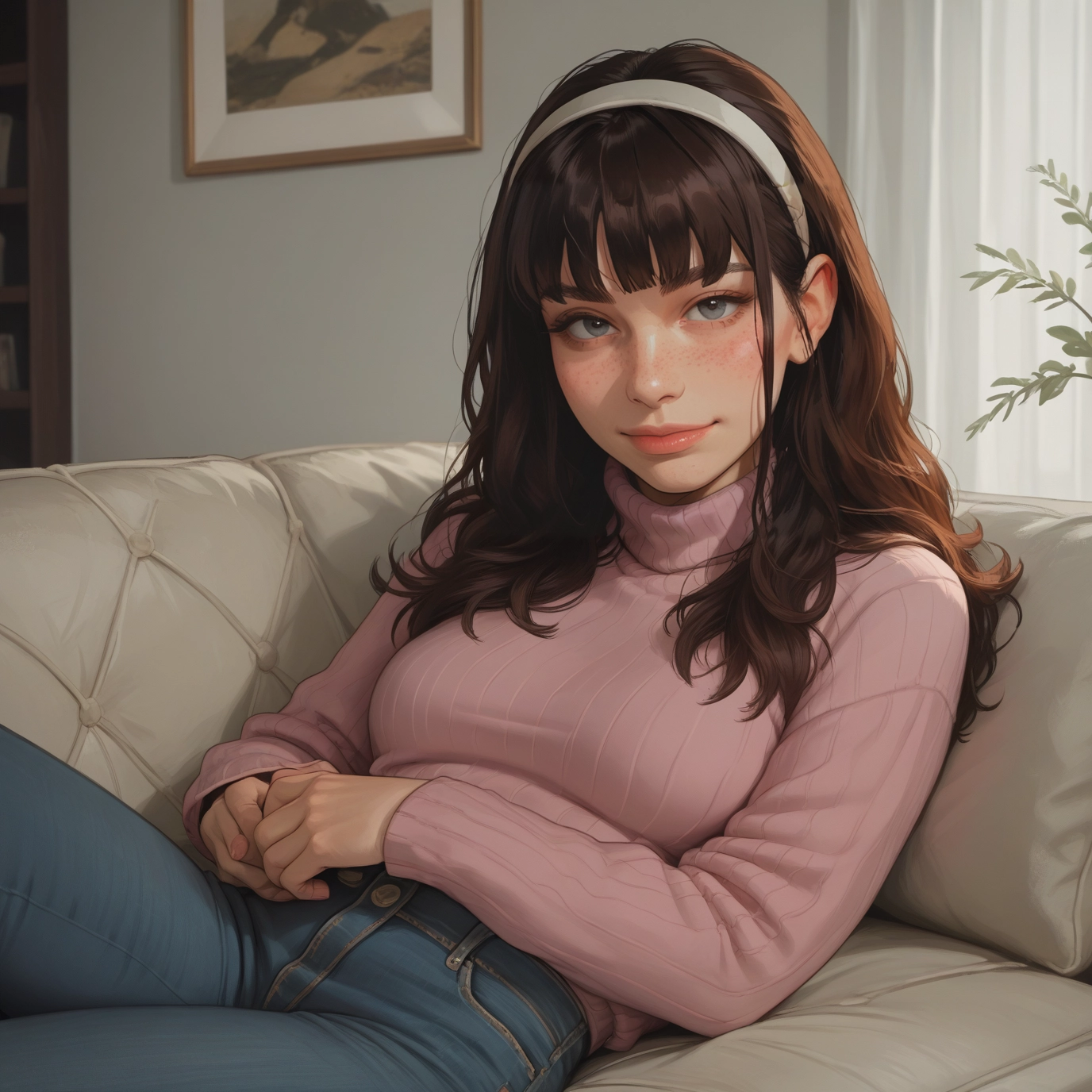 1girl, solo, pants, sweater, brown hair, hairband · Yamete.gg
