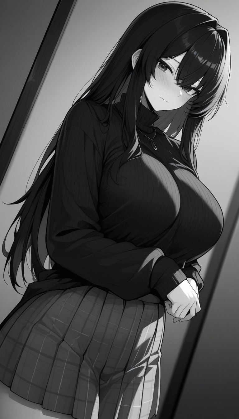 1girl, solo, breasts, skirt, monochrome, long hair