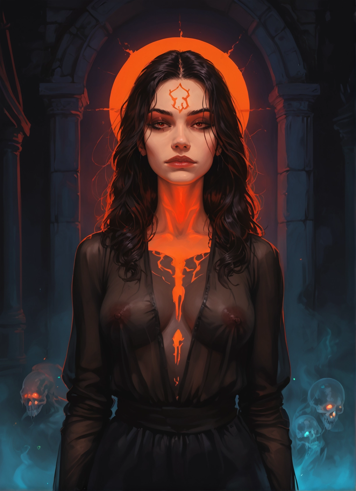 1girl, breasts, nipples, see-through, long hair, skull · Yamete.gg