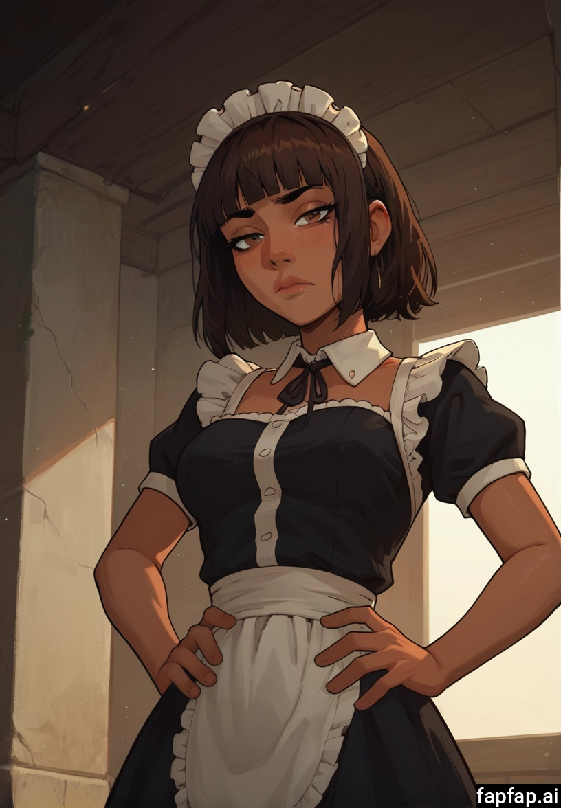 1girl, solo, maid, brown hair, maid headdress, hands on hips