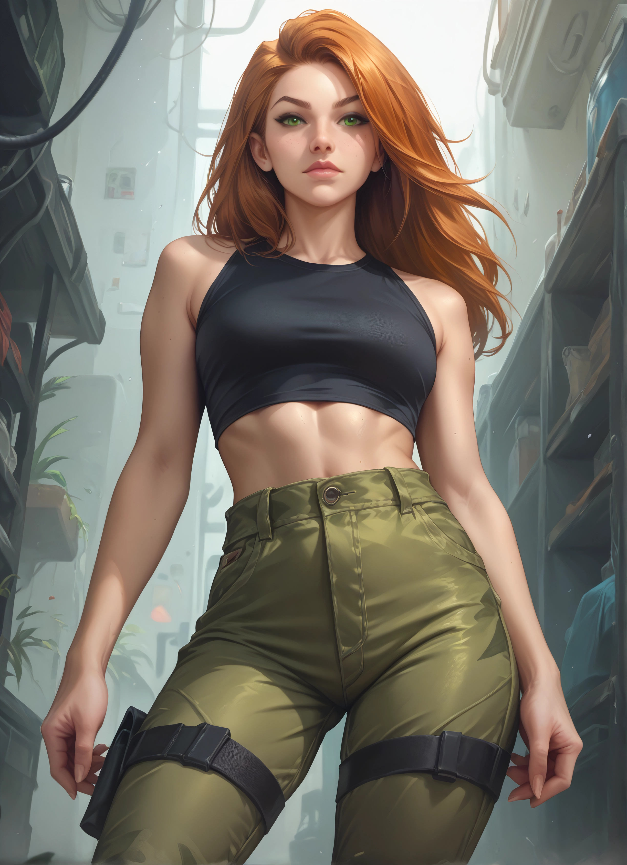 1girl, green eyes, solo, pants, breasts, long hair · Yamete.gg