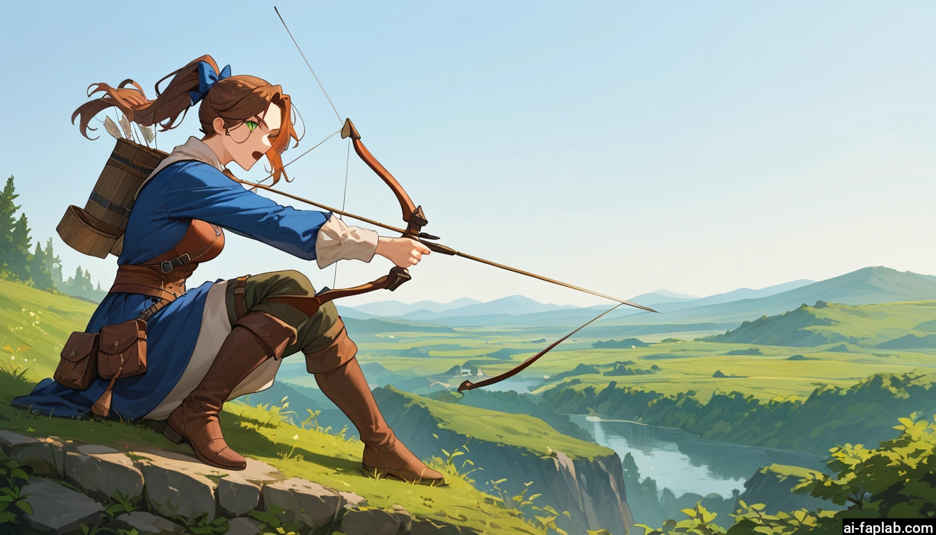 1girl, weapon, bow (weapon), green eyes, brown hair, boots
