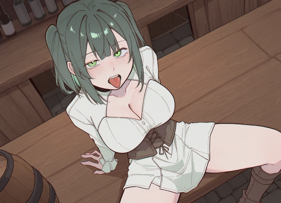 1girl, breasts, green eyes, tongue, cleavage, tongue out · Yamete.gg