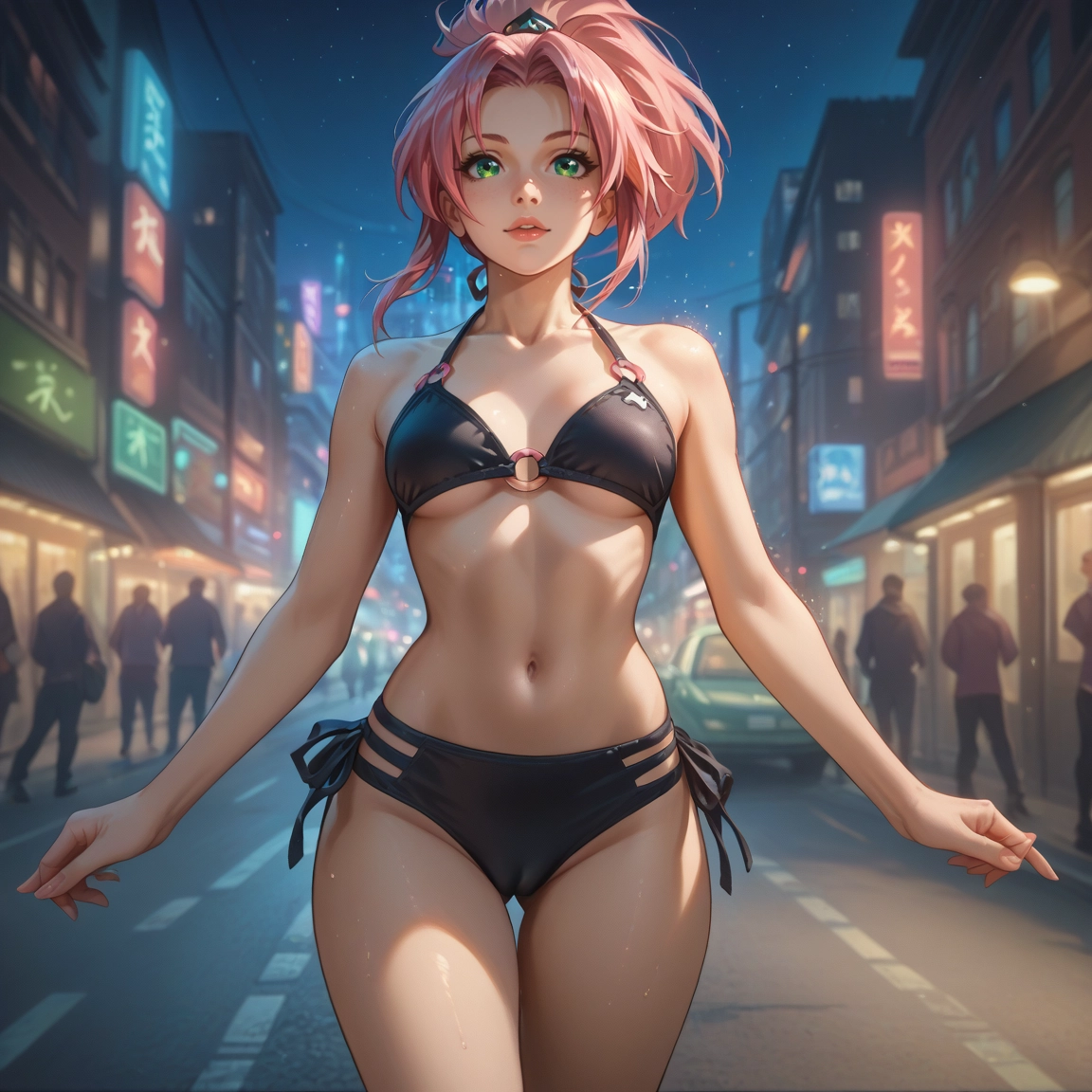 swimsuit, bikini, breasts, pink hair, green eyes, navel · Yamete.gg