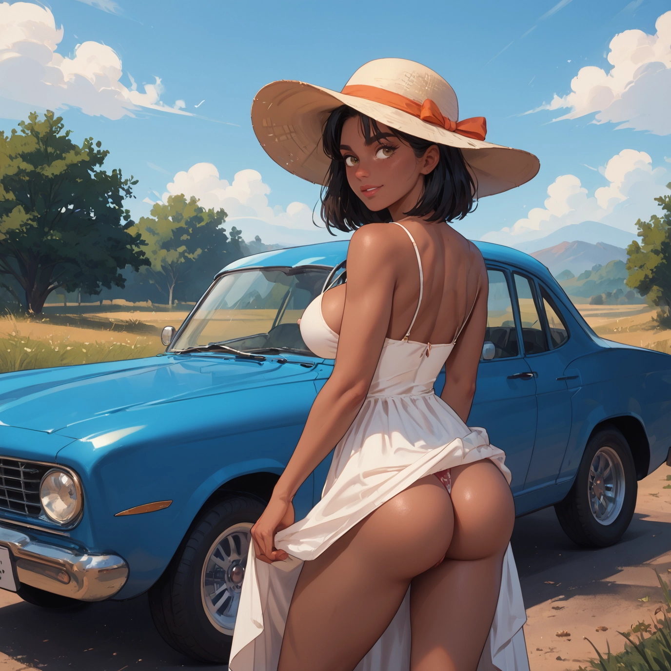 ass, 1girl, hat, breasts, dress, ground vehicle · Yamete.gg