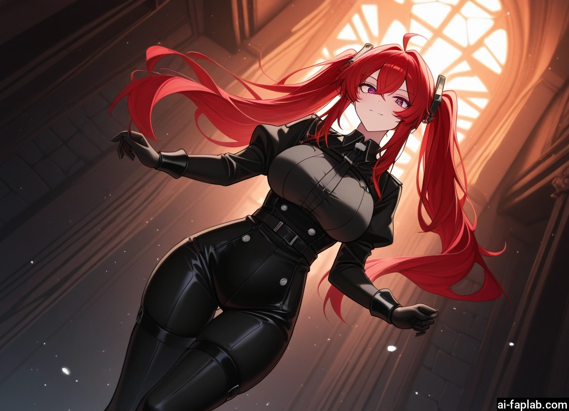 1girl, twintails, breasts, red hair, gloves, purple eyes · Yamete.gg
