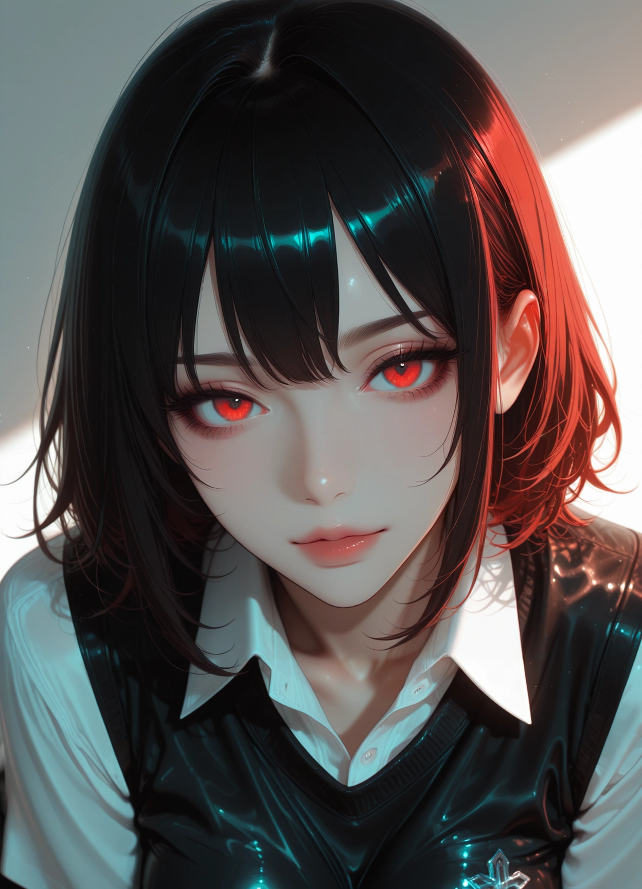 1girl, solo, red eyes, looking at viewer, shirt, collared shirt · Yamete.gg
