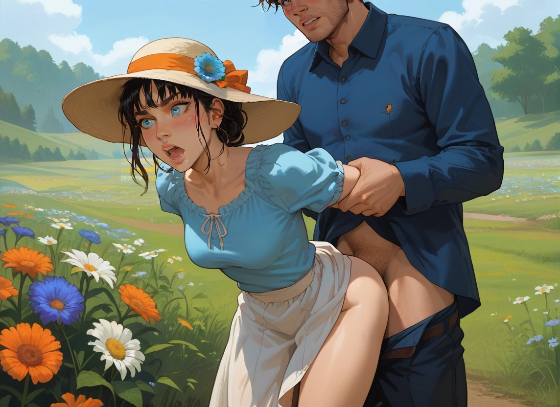 1girl, 1boy, outdoors, flower, hat, hetero · Yamete.gg
