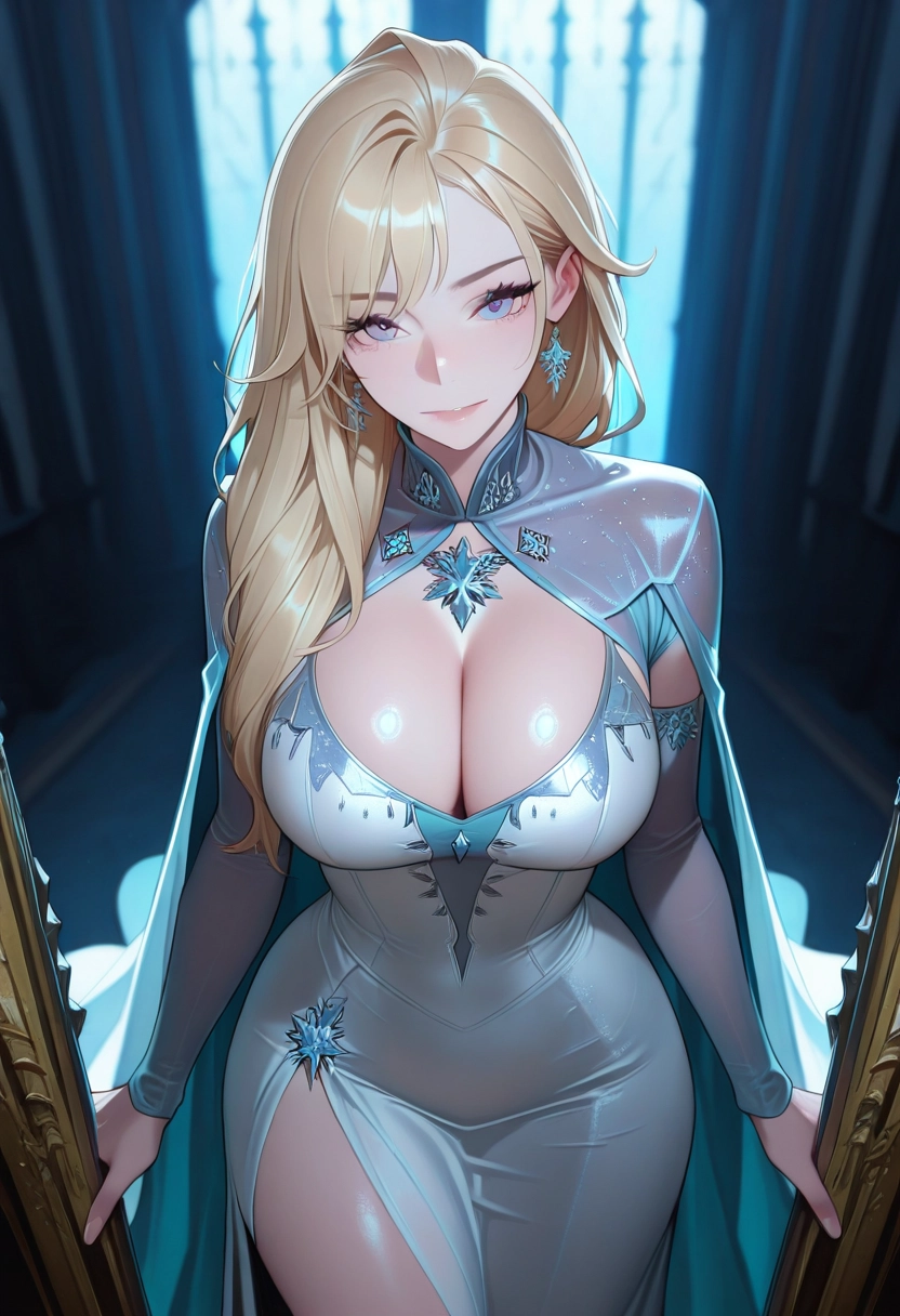 1girl, breasts, blonde hair, cleavage, dress, solo · Yamete.gg