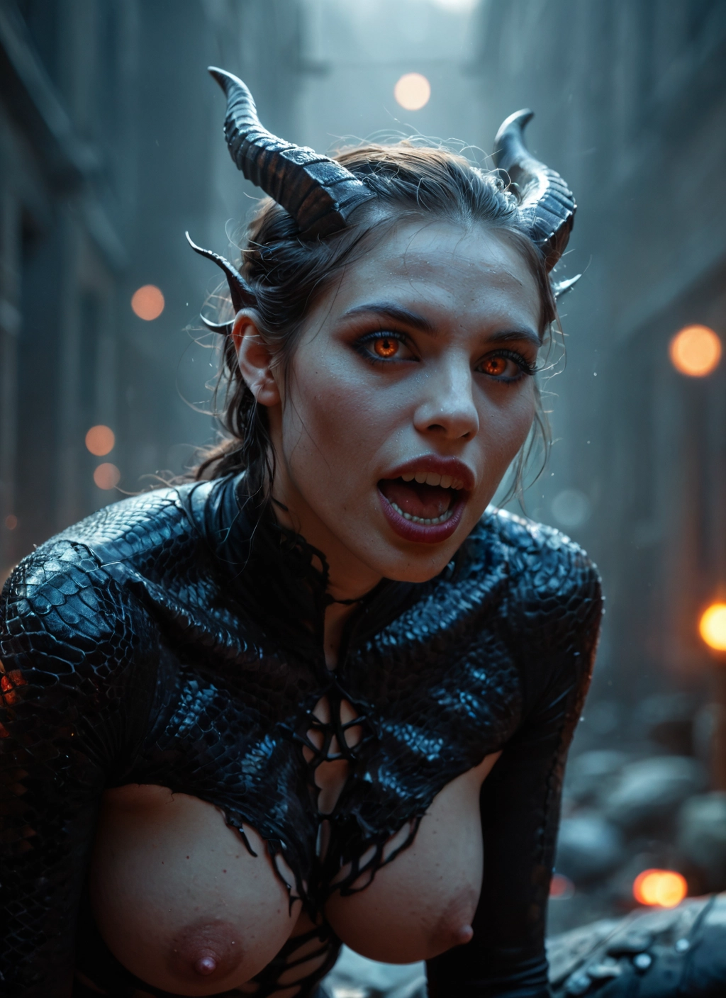 1girl, breasts, horns, nipples, solo, open mouth · Yamete.gg