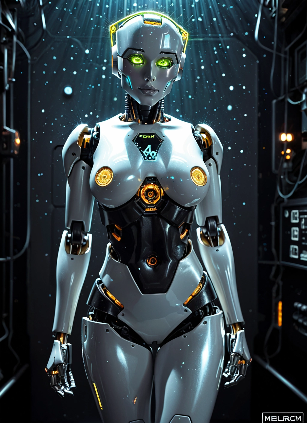 1girl, solo, green eyes, breasts, robot joints, looking at viewer