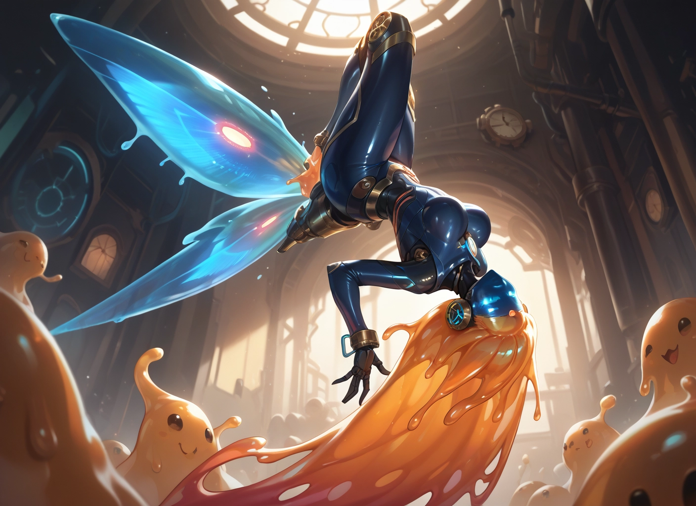 1girl, wings, breasts, bodysuit, indoors, upside-down · Yamete.gg