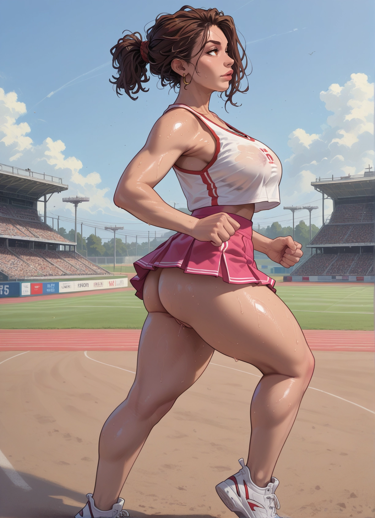 1girl, ass, breasts, skirt, brown hair, sweat · Yamete.gg
