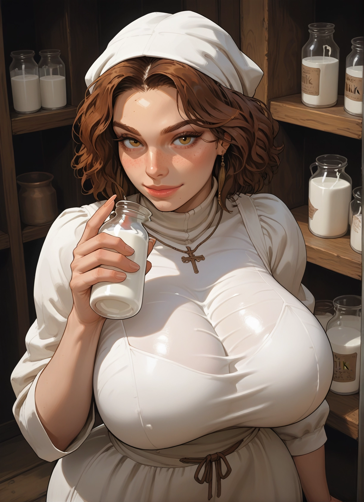 1girl, breasts, brown hair, jewelry, freckles, brown eyes · Yamete.gg