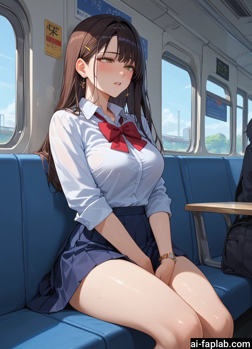 skirt, long hair, sitting, shirt, jewelry, breasts · Yamete.gg