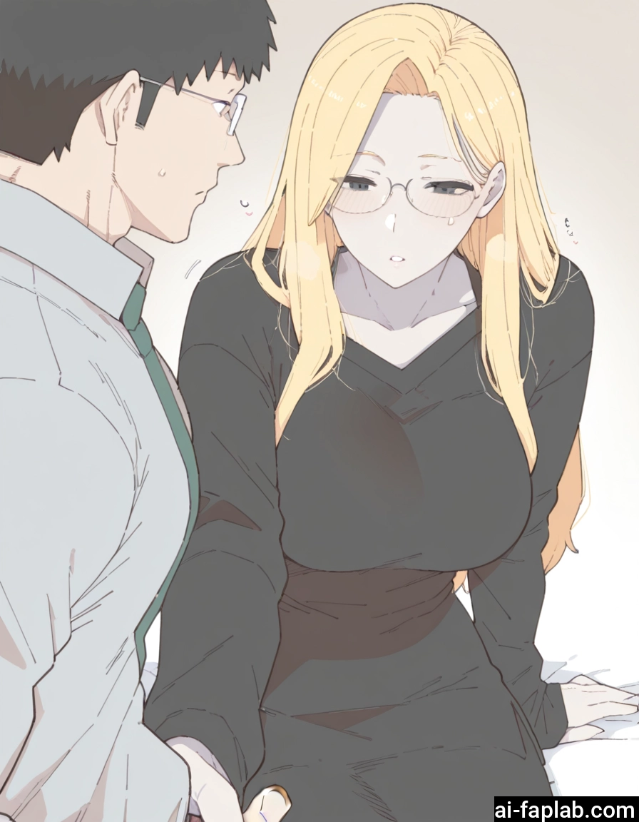 1girl, 1boy, blonde hair, glasses, long hair, breasts