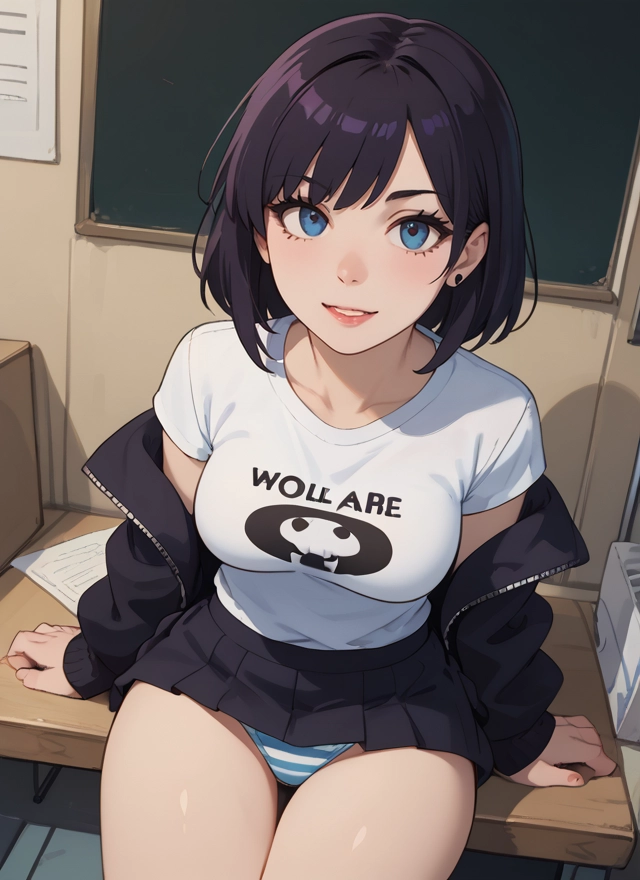 1girl, underwear, skirt, panties, blue eyes, striped · Yamete.gg