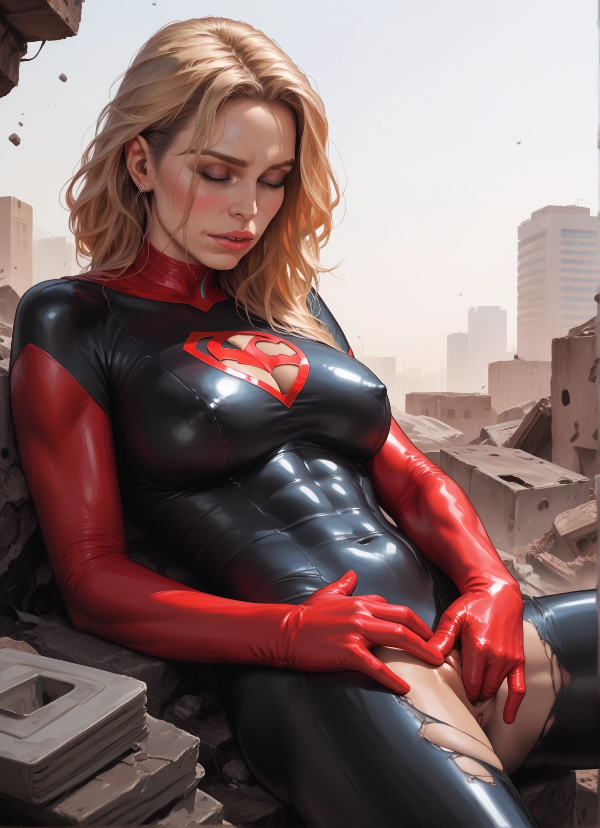 1girl, solo, bodysuit, blonde hair, breasts, torn clothes · Yamete.gg