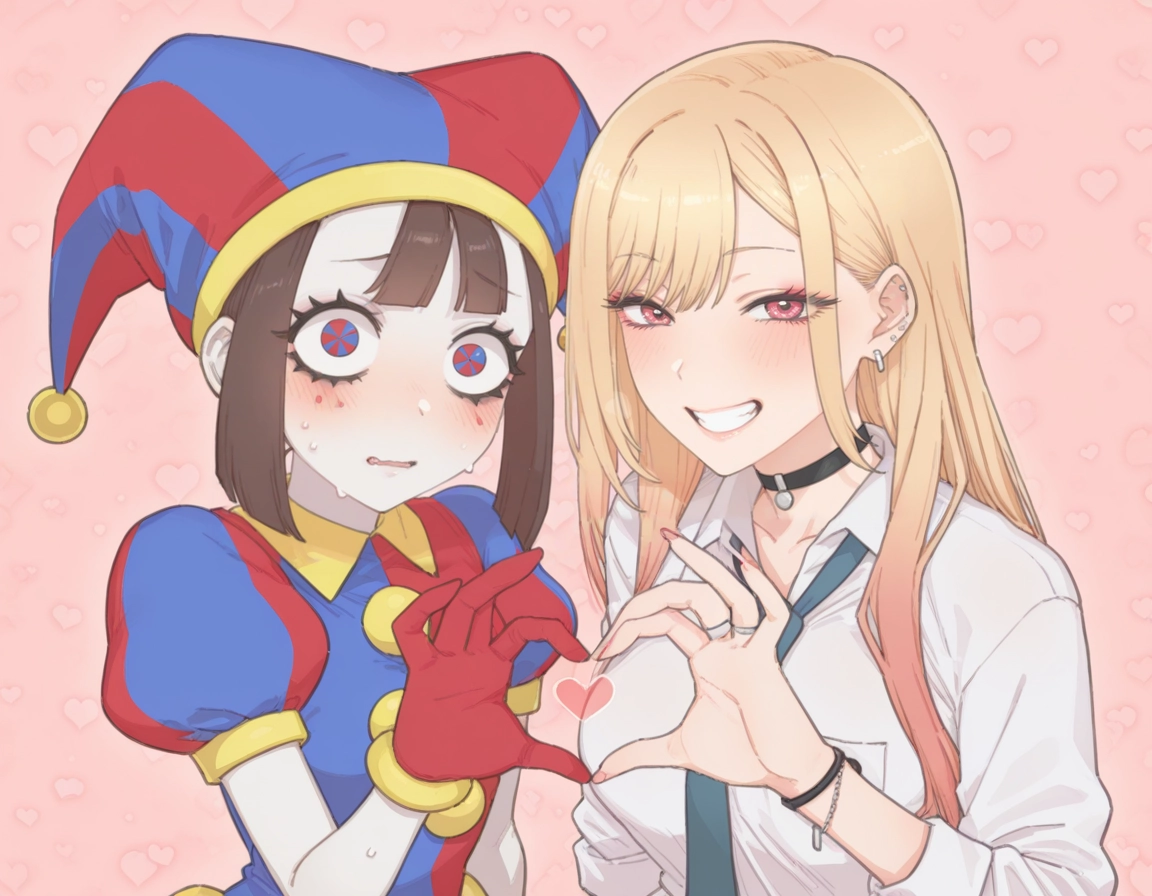 kitagawa marin, heart, heart hands, multiple girls, 2girls, blonde hair · Yamete.gg