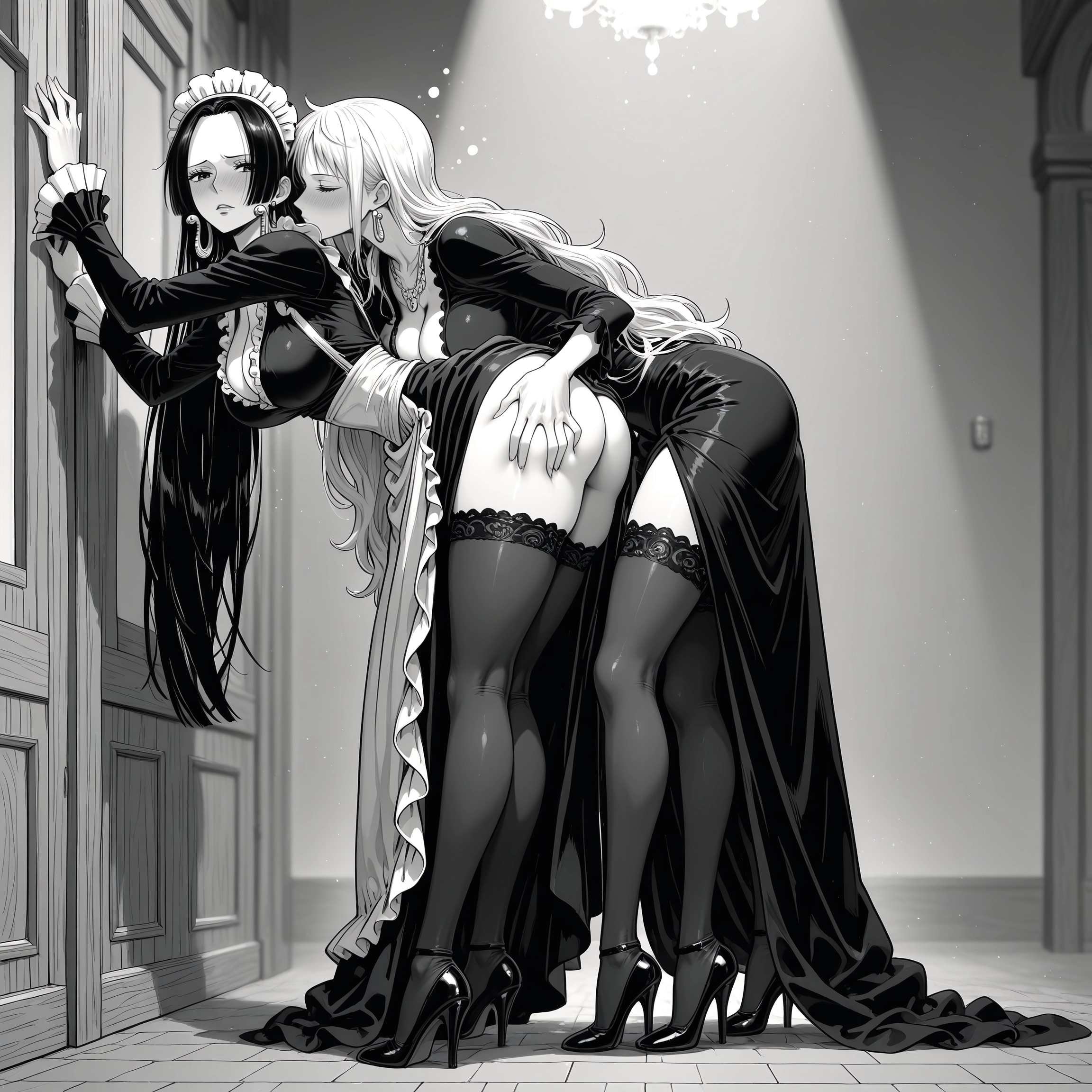 multiple girls, monochrome, greyscale, 2girls, thighhighs, long hair · Yamete.gg