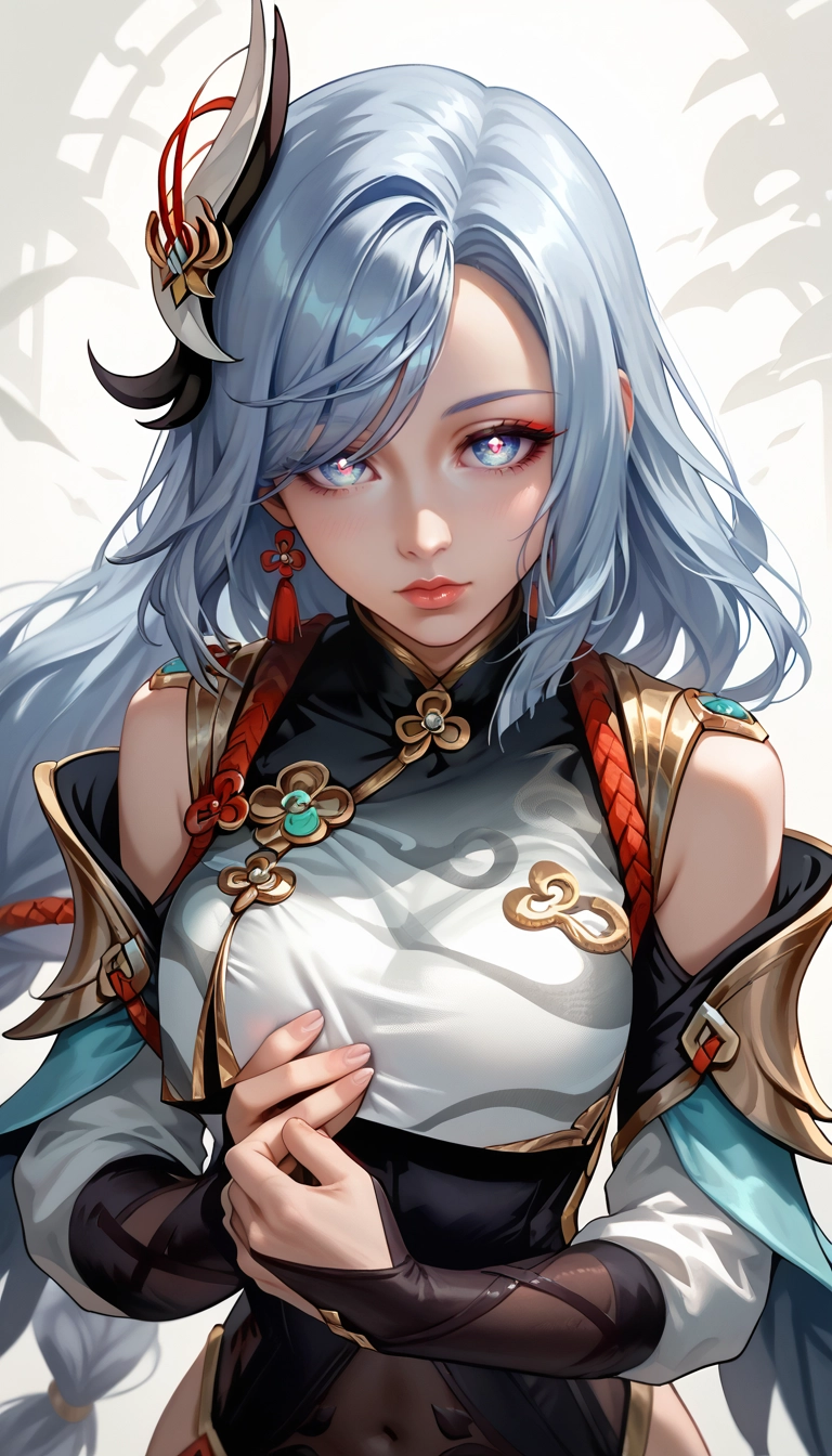 1girl, solo, shenhe (genshin impact), long hair, looking at viewer, blue eyes · Yamete.gg