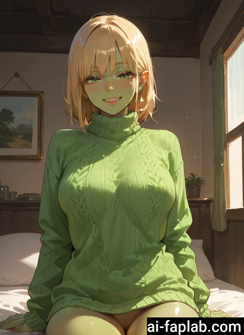 1girl, green eyes, sweater, solo, looking at viewer, smile · Yamete.gg