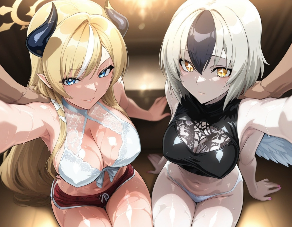 multiple girls, breasts, 2girls, horns, blonde hair, wings · Yamete.gg