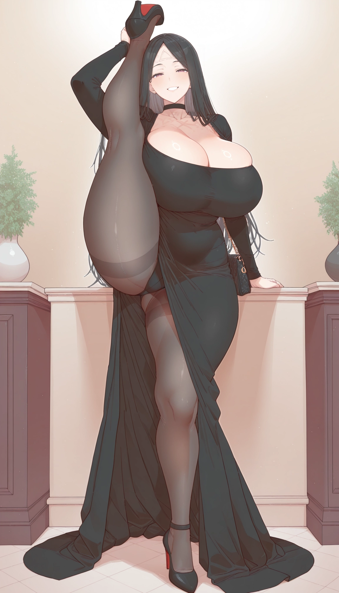 1girl, breasts, pantyhose, dress, black hair, high heels · Yamete.gg