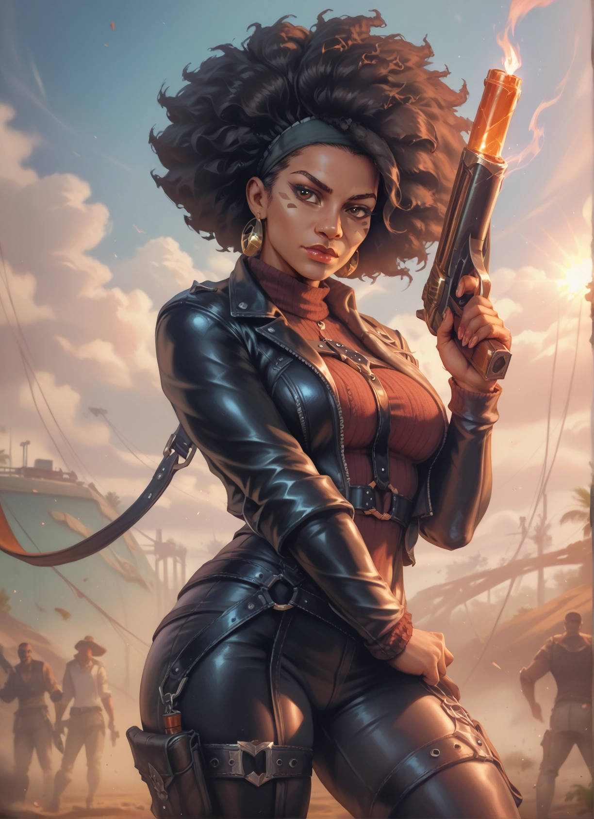weapon, gun, jewelry, 1girl, earrings, jacket · Yamete.gg