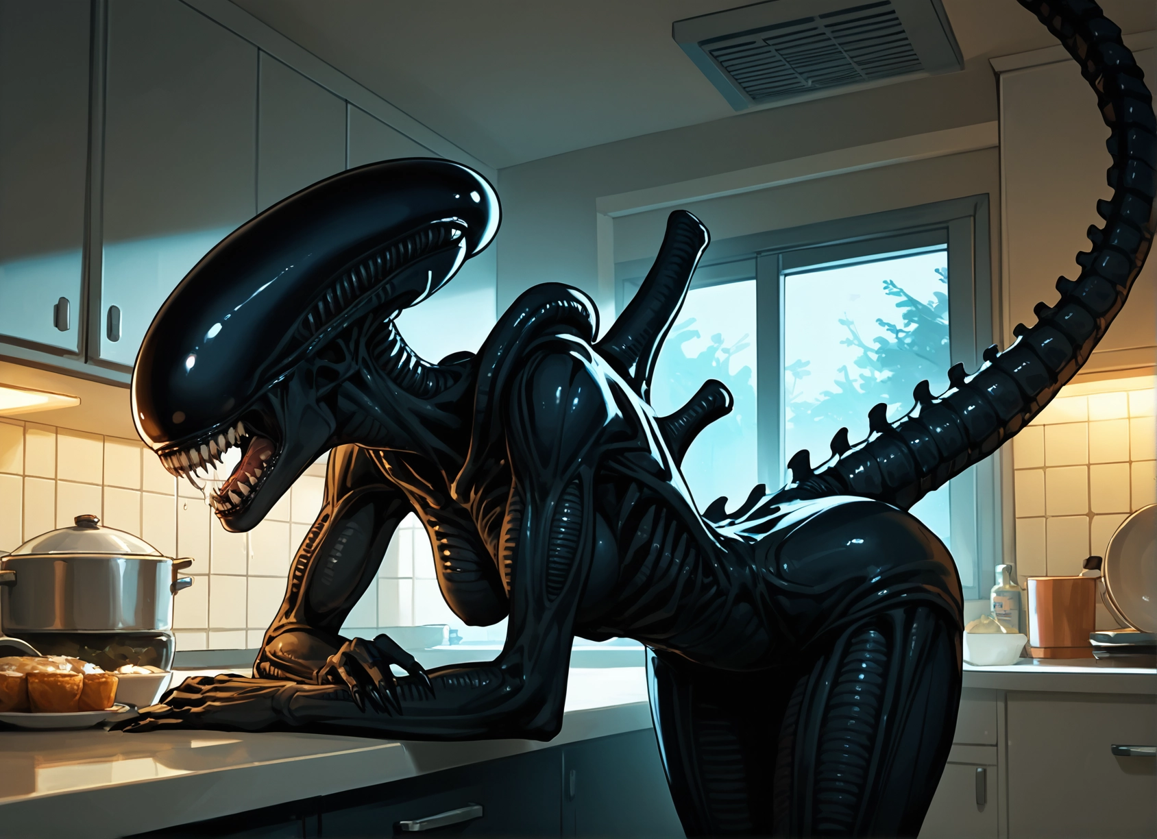 1girl, kitchen, teeth, window, tail, indoors