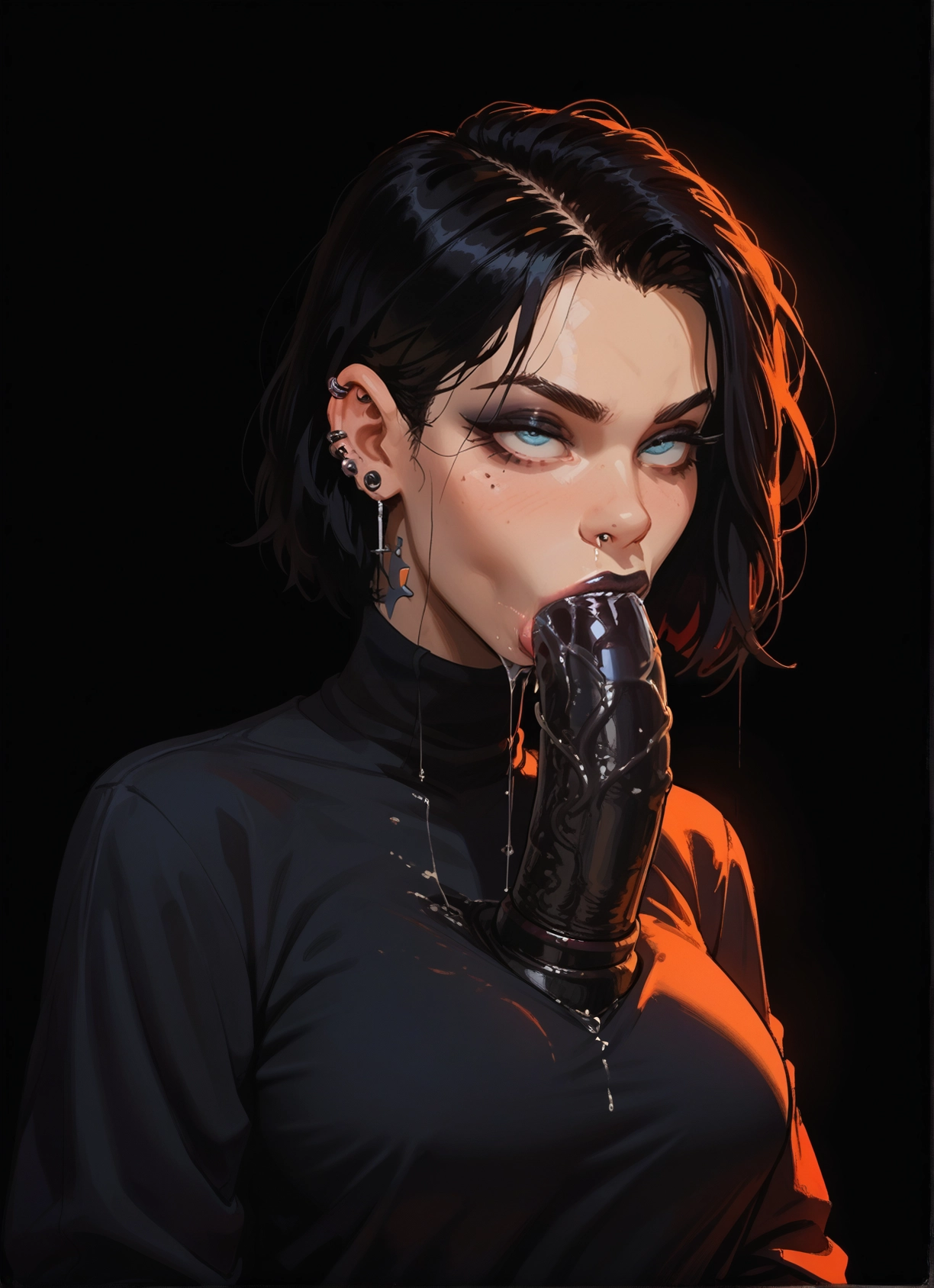 1girl, jewelry, oral, earrings, fellatio, black hair · Yamete.gg
