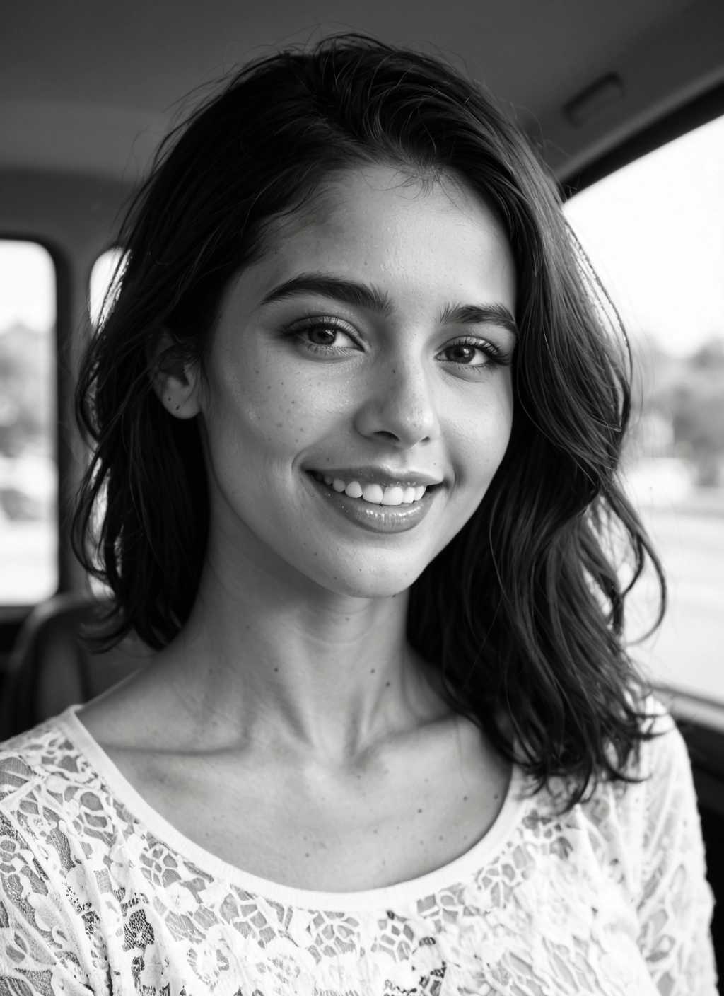1girl, greyscale, monochrome, solo, smile, car interior · Yamete.gg