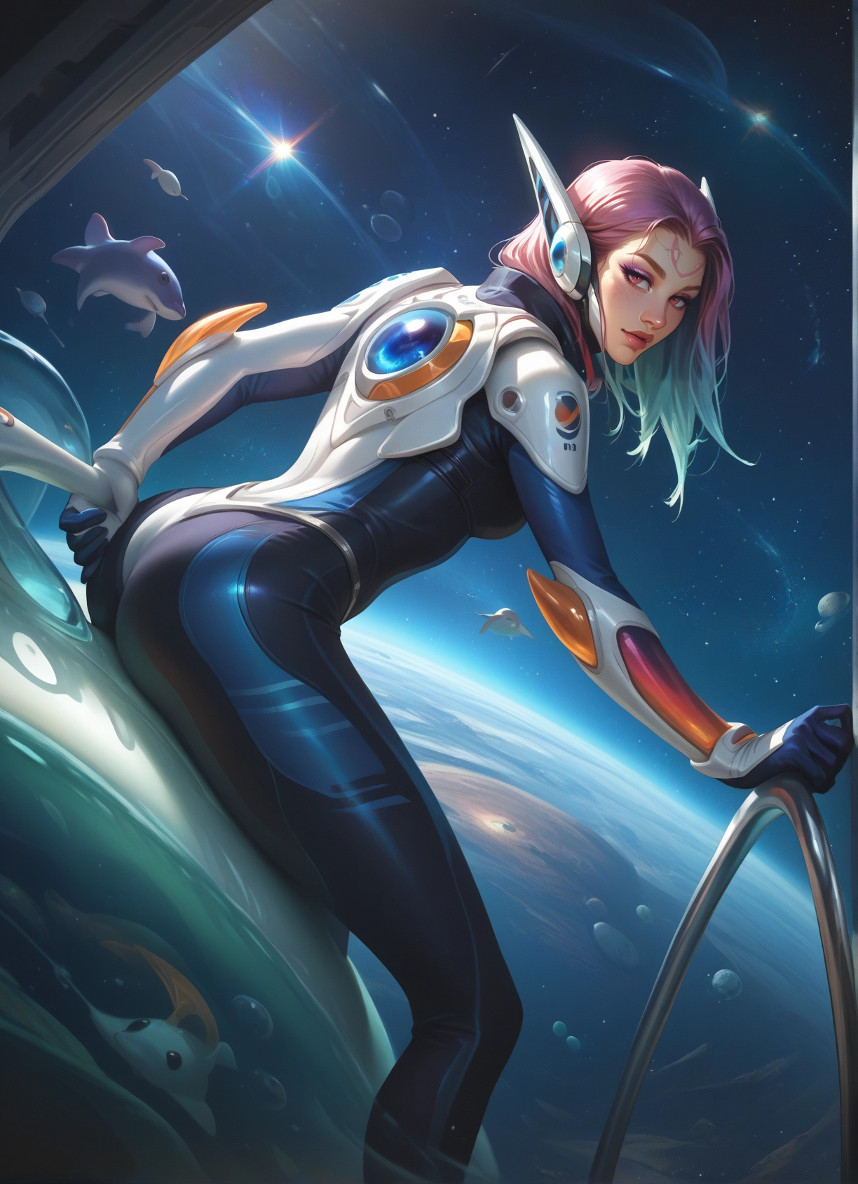 1girl, bodysuit, ass, solo, space, facial mark · Yamete.gg