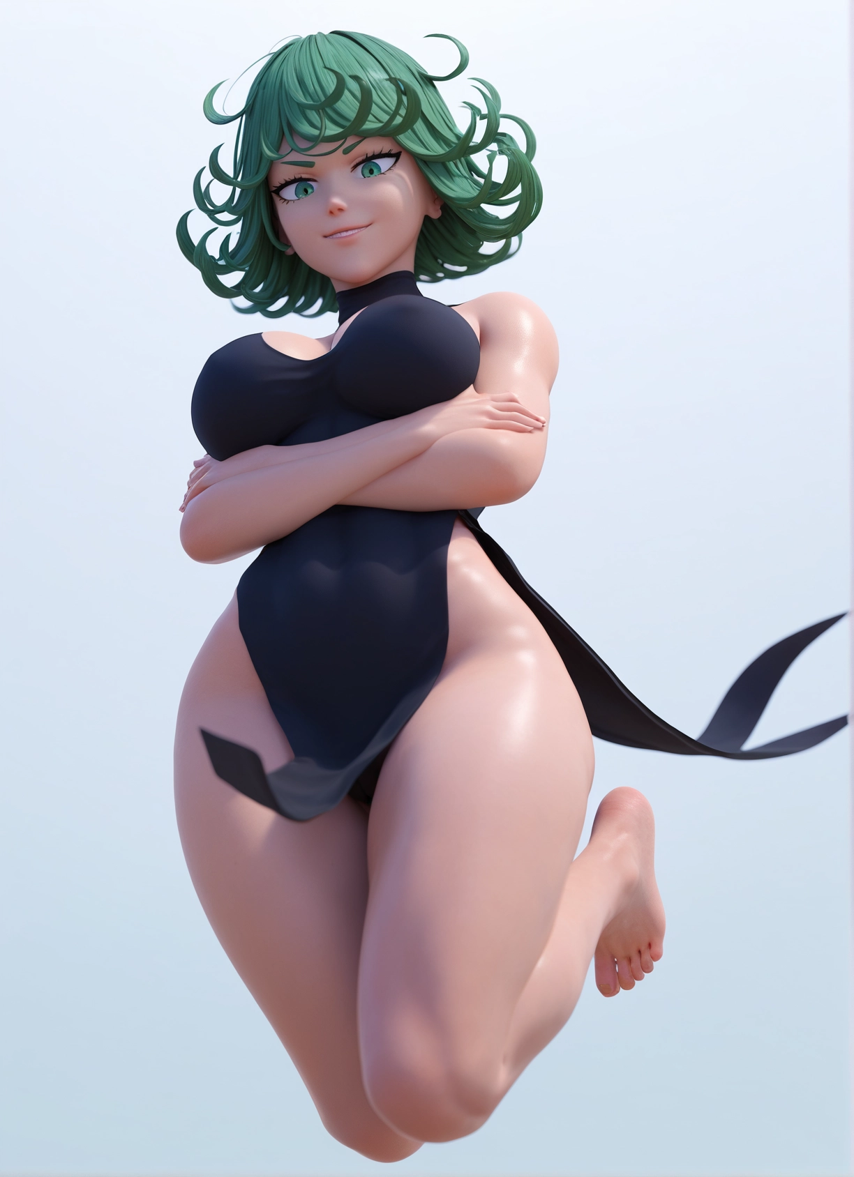 1girl, green eyes, breasts, barefoot, dress, green hair · Yamete.gg