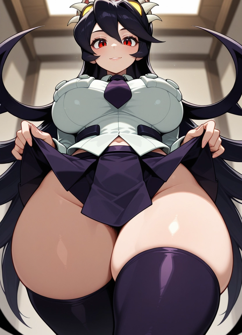 1girl, filia (skullgirls), breasts, skirt, red eyes, thighs · Yamete.gg