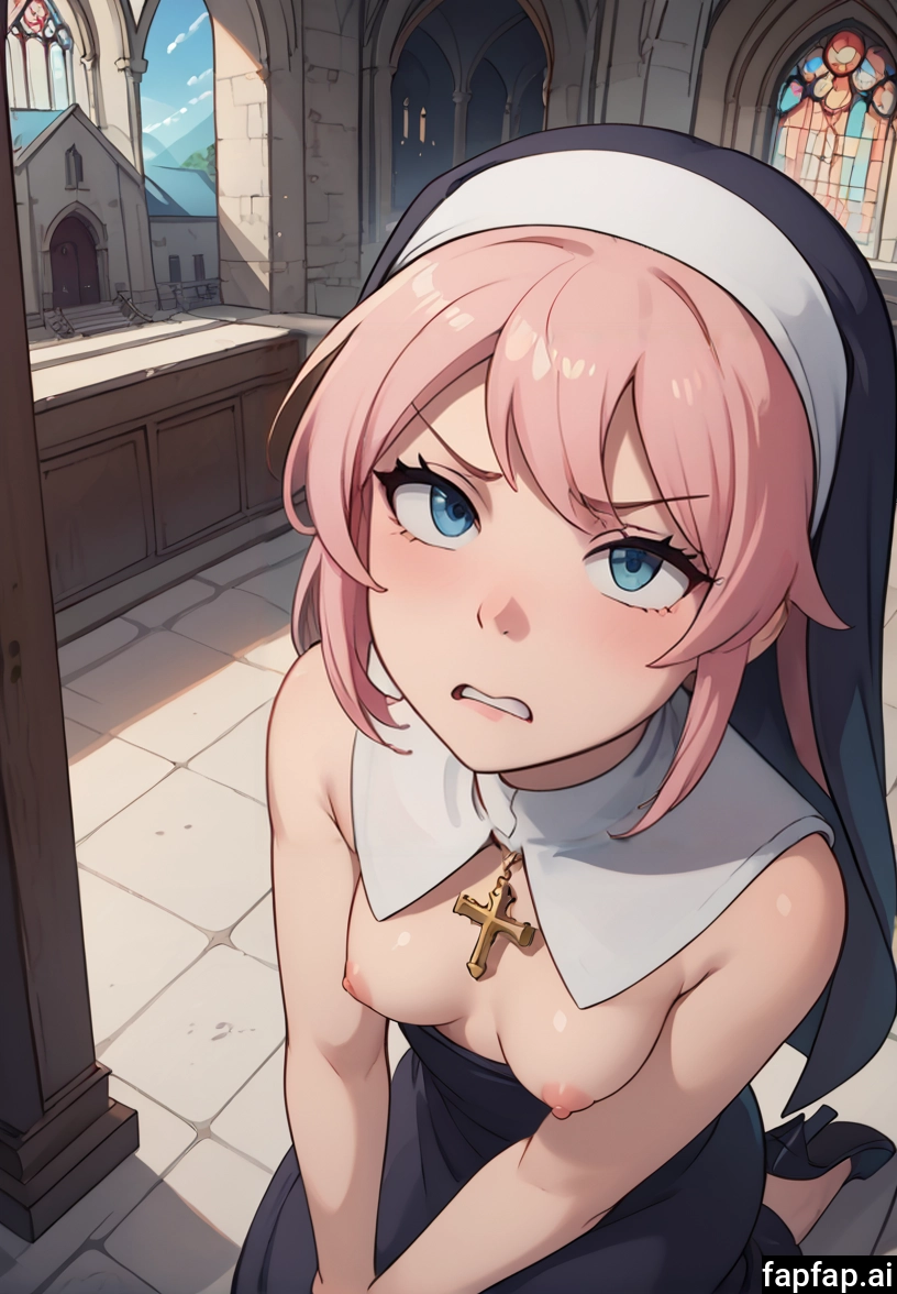 breasts, nipples, 1girl, nun, pink hair, teeth · Yamete.gg