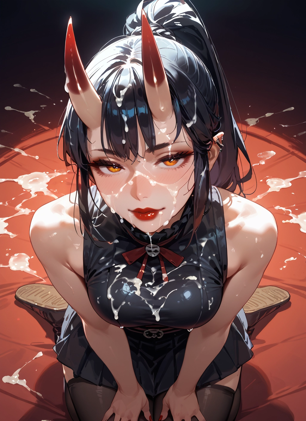 1girl, horns, cum, thighhighs, breasts, solo · Yamete.gg