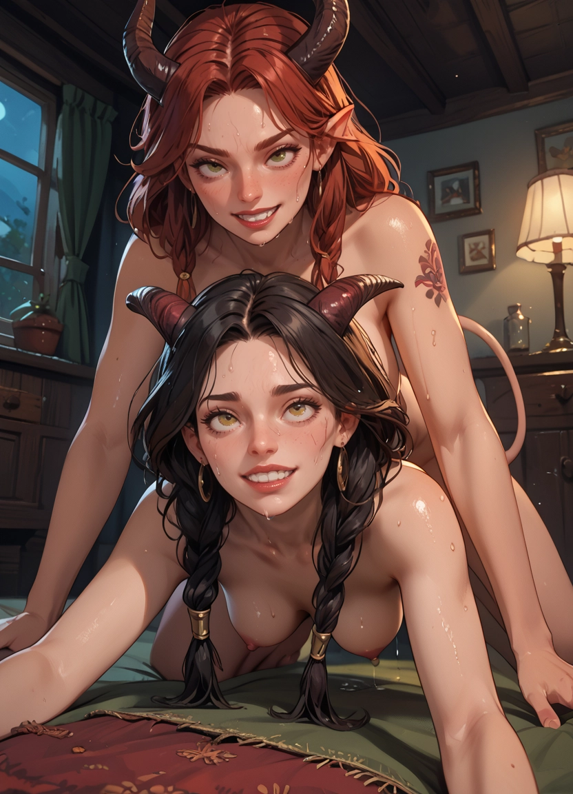 breasts, horns, 2girls, multiple girls, twin braids, smile · Yamete.gg
