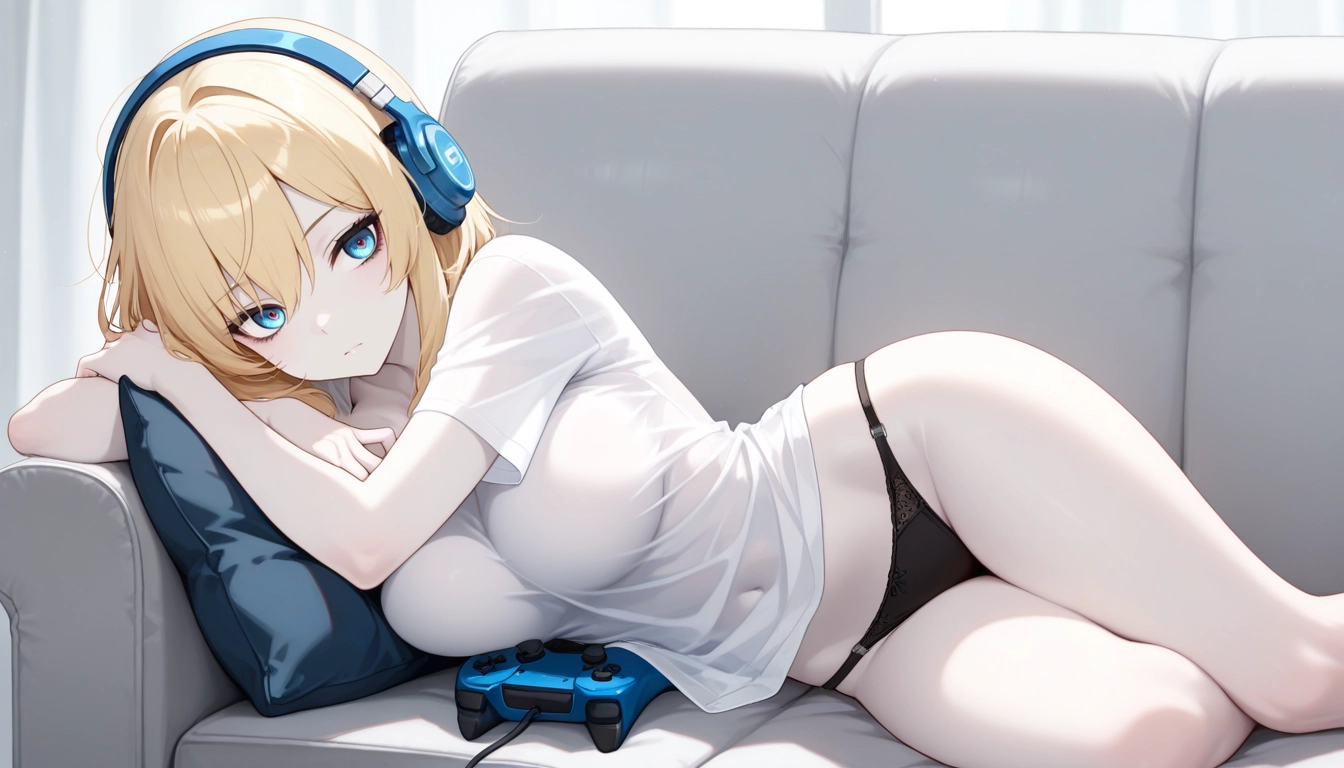 1girl, solo, headphones, on side, shirt, blonde hair · Yamete.gg
