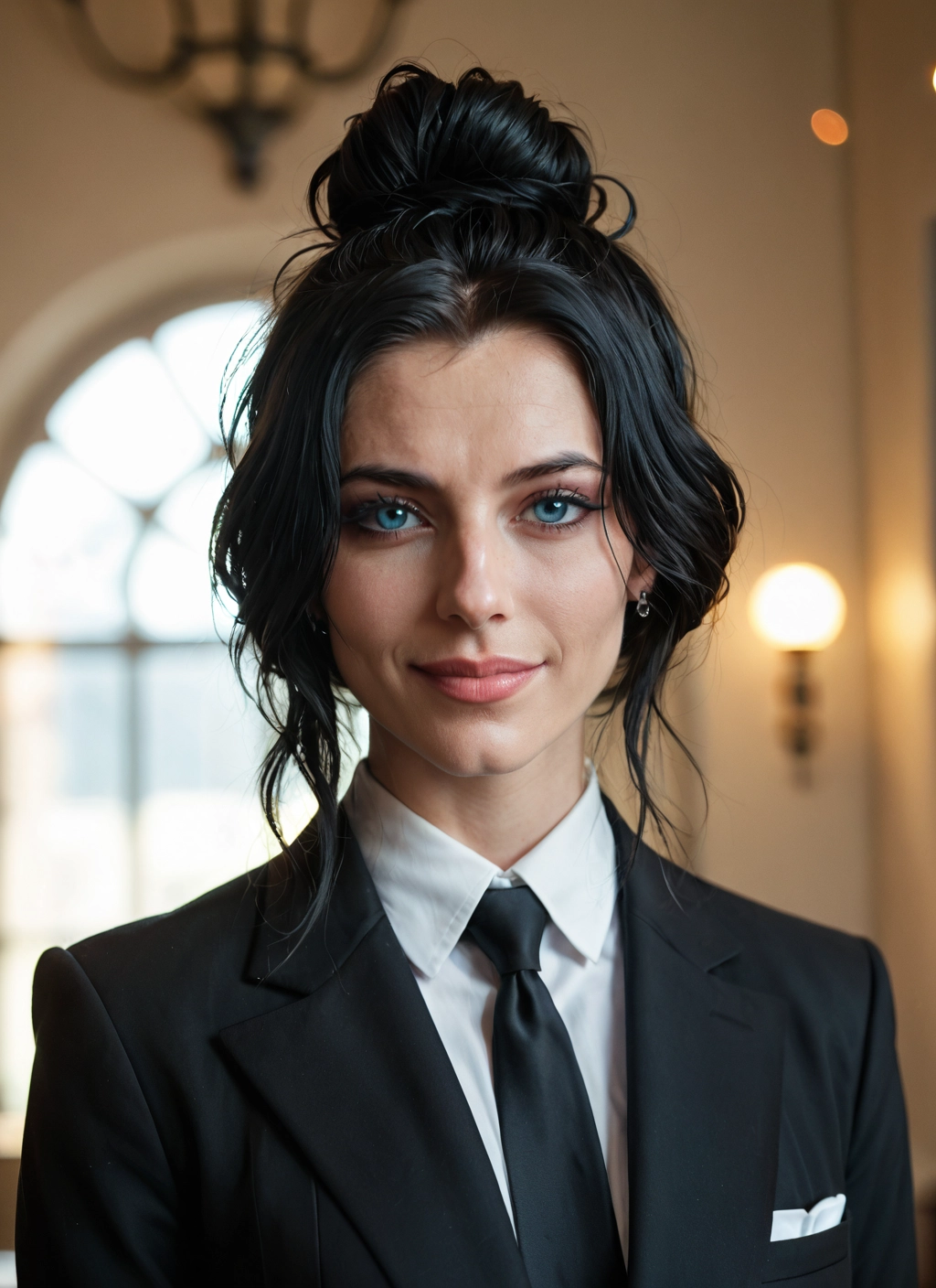 1girl, solo, jewelry, necktie, earrings, black hair · Yamete.gg