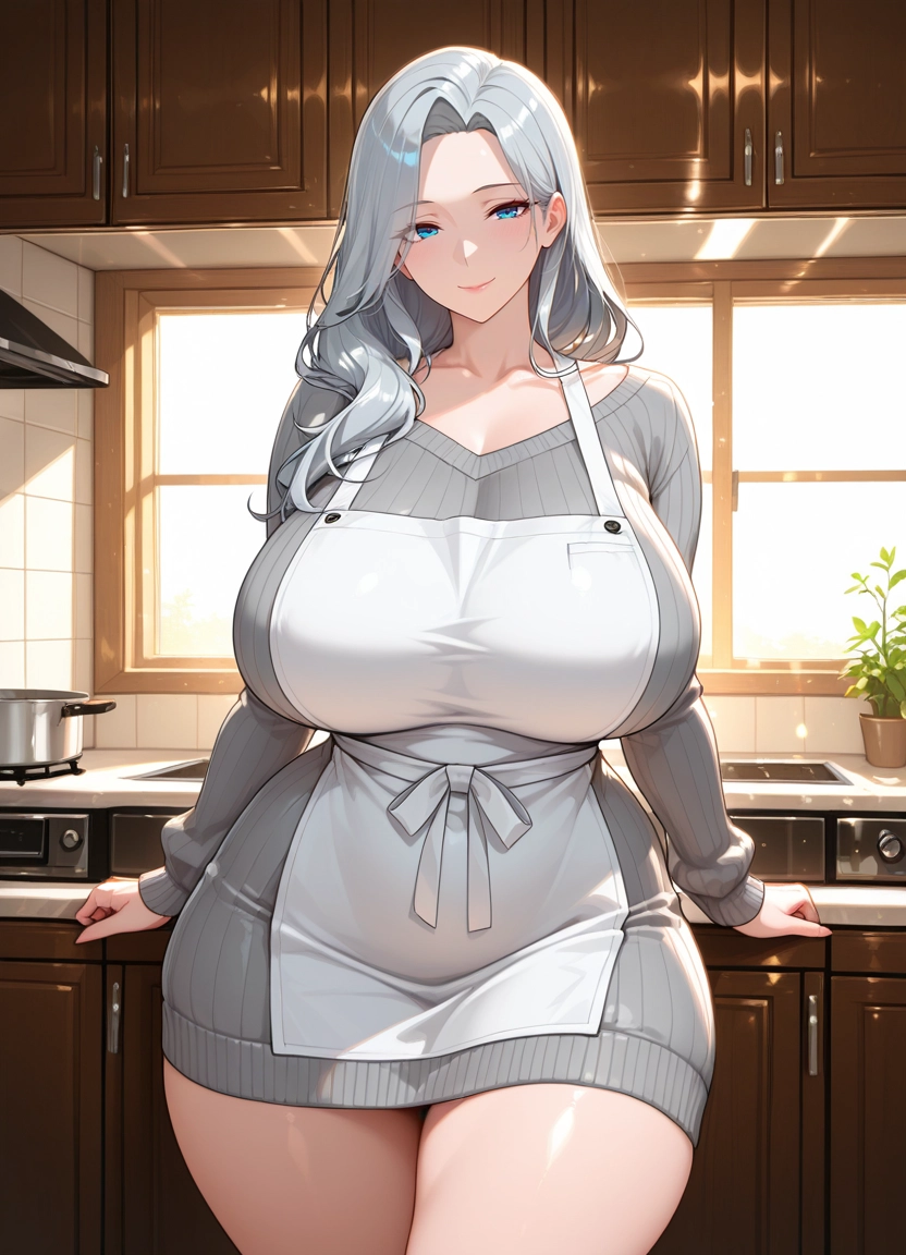 1girl, breasts, solo, thighs, kitchen, smile