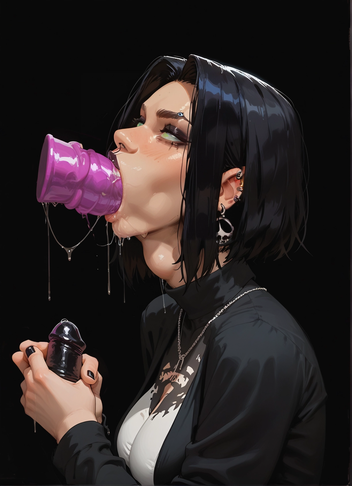 1girl, black hair, sex toy, jewelry, solo, dildo · Yamete.gg