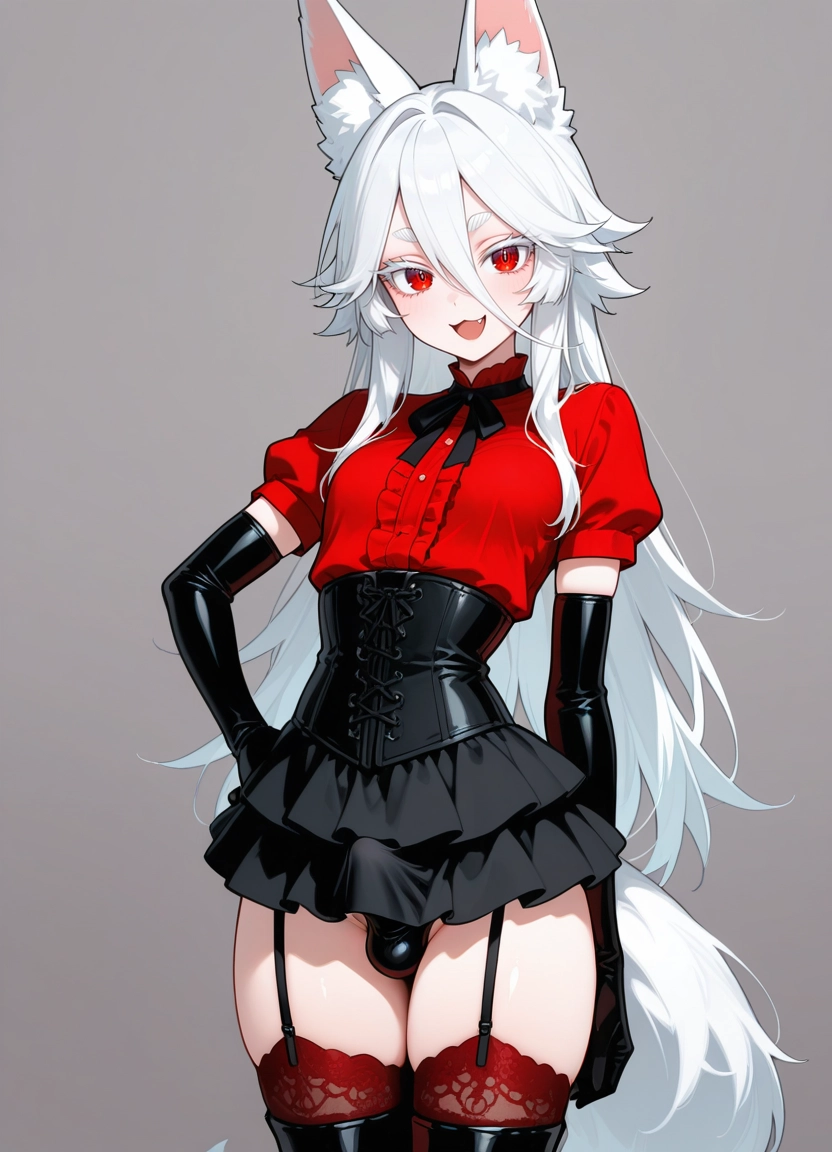 gloves, animal ears, solo, red eyes, thighhighs, red thighhighs