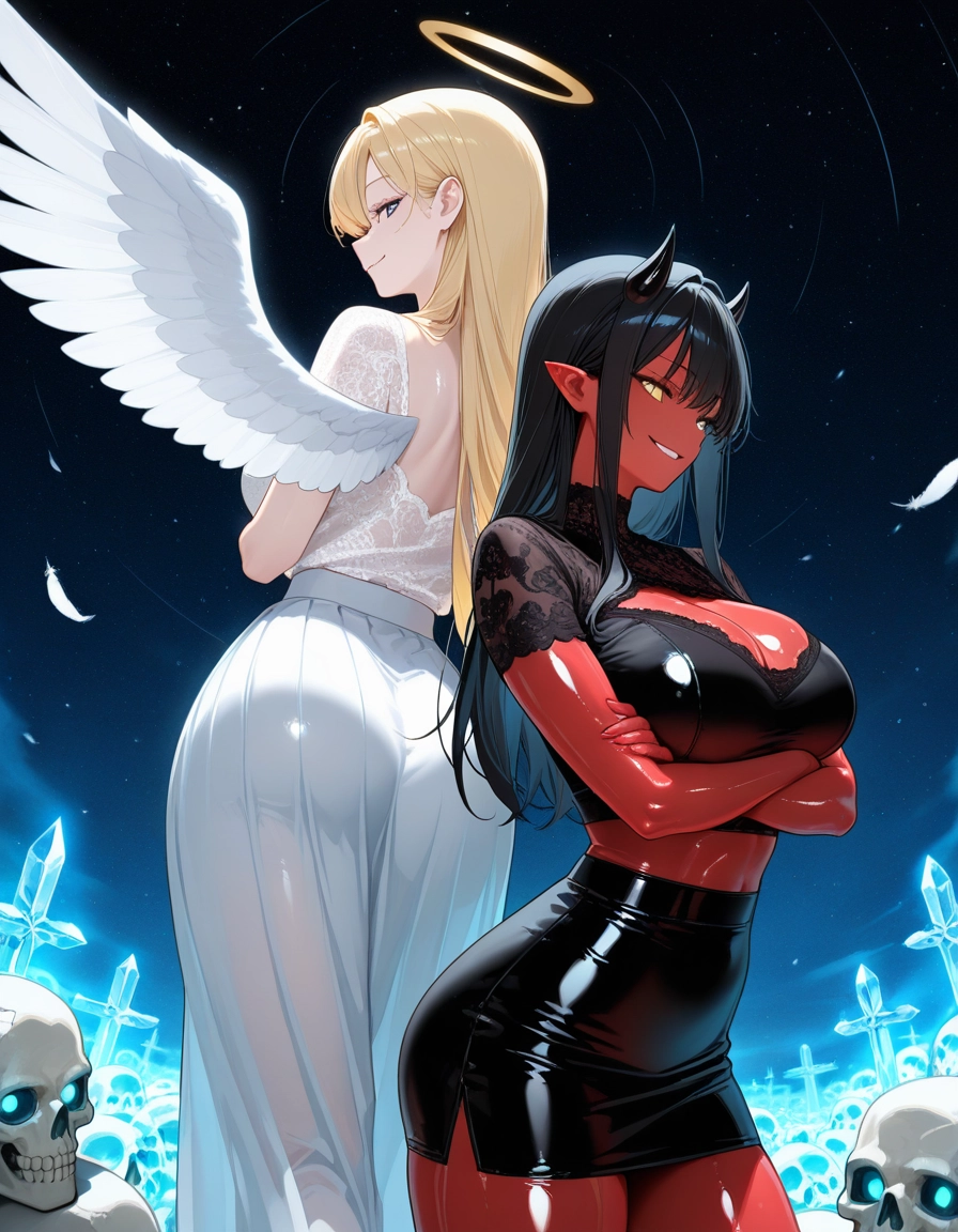 breasts, multiple girls, 2girls, horns, blonde hair, wings · Yamete.gg