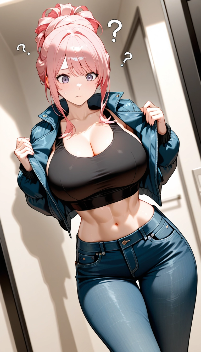 1girl, breasts, purple eyes, pants, jacket, denim · Yamete.gg